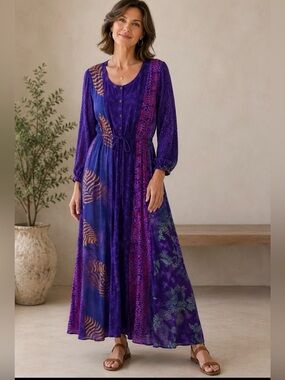 VTG WILD WOMAN OF MIL-VALLEY L/XL Purple mixed pattern Lagonlook boho maxi dress